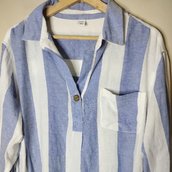 Linen-Blend Striped Popover Tunic | Blue/White | Collared | NWT M - Picture 3 of 9